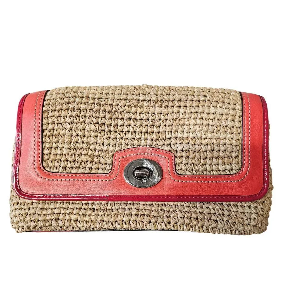 Coach Straw Rafia Flap Clutch Wristlet Natural/Tangerine